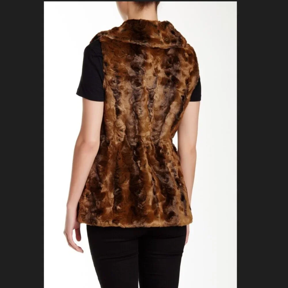 Ellen Tracy NEW VEST Crushed Faux Fur Women's L Drawstring Waist BROWN BLACK NWT - Picture 5 of 16